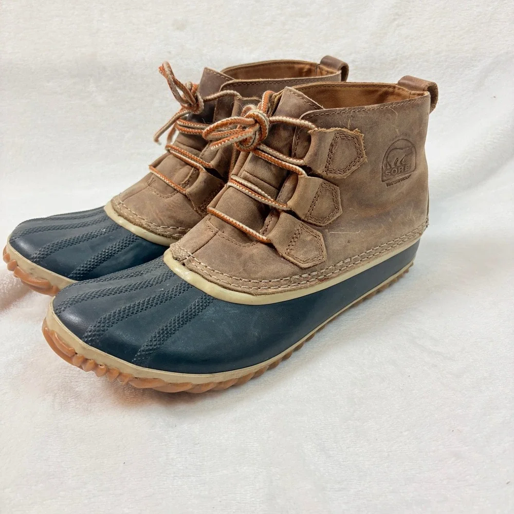Sorel Out N About Waterproof Leather Duck Boots‎ Women Sz 8.5 Tan Black Ankle